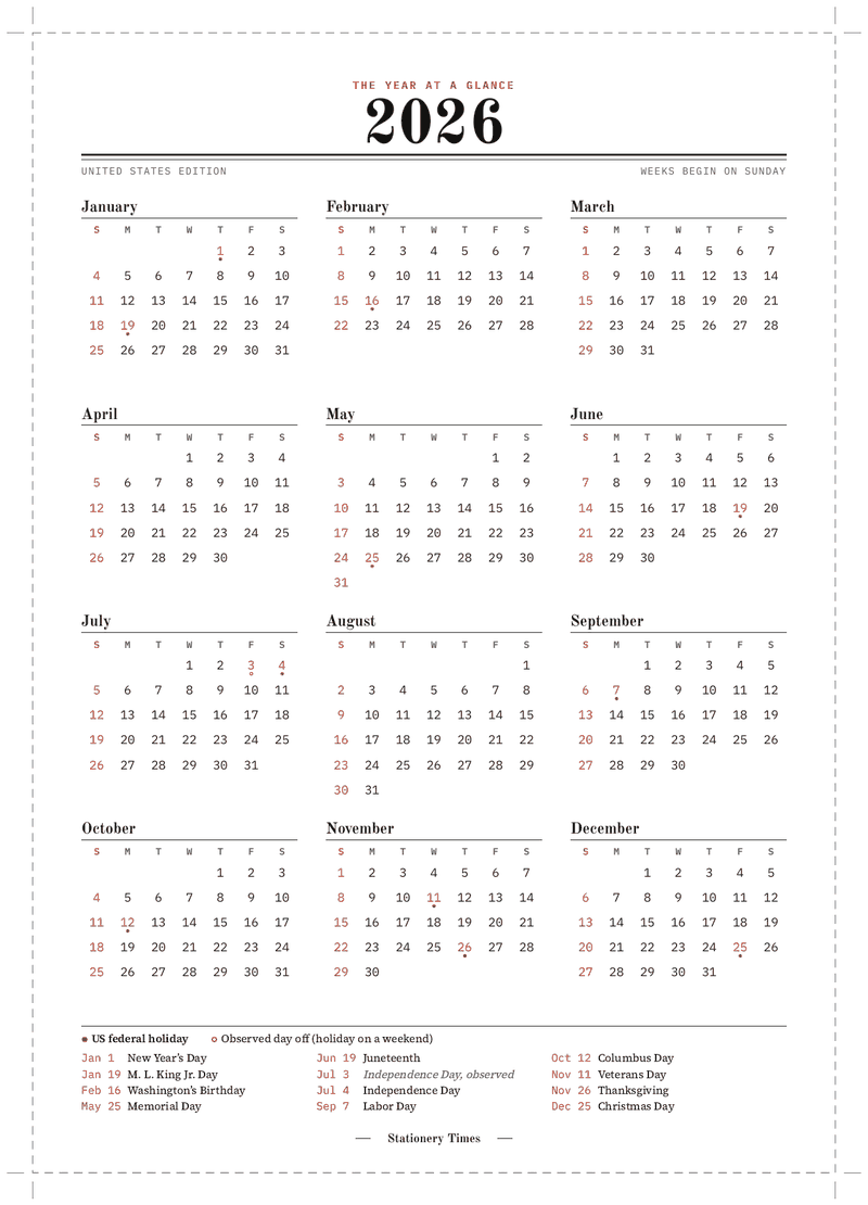 Page 1 of the 2026 printable calendar: all twelve months on one A5 piece, with US federal holidays marked in red and dashed cut lines