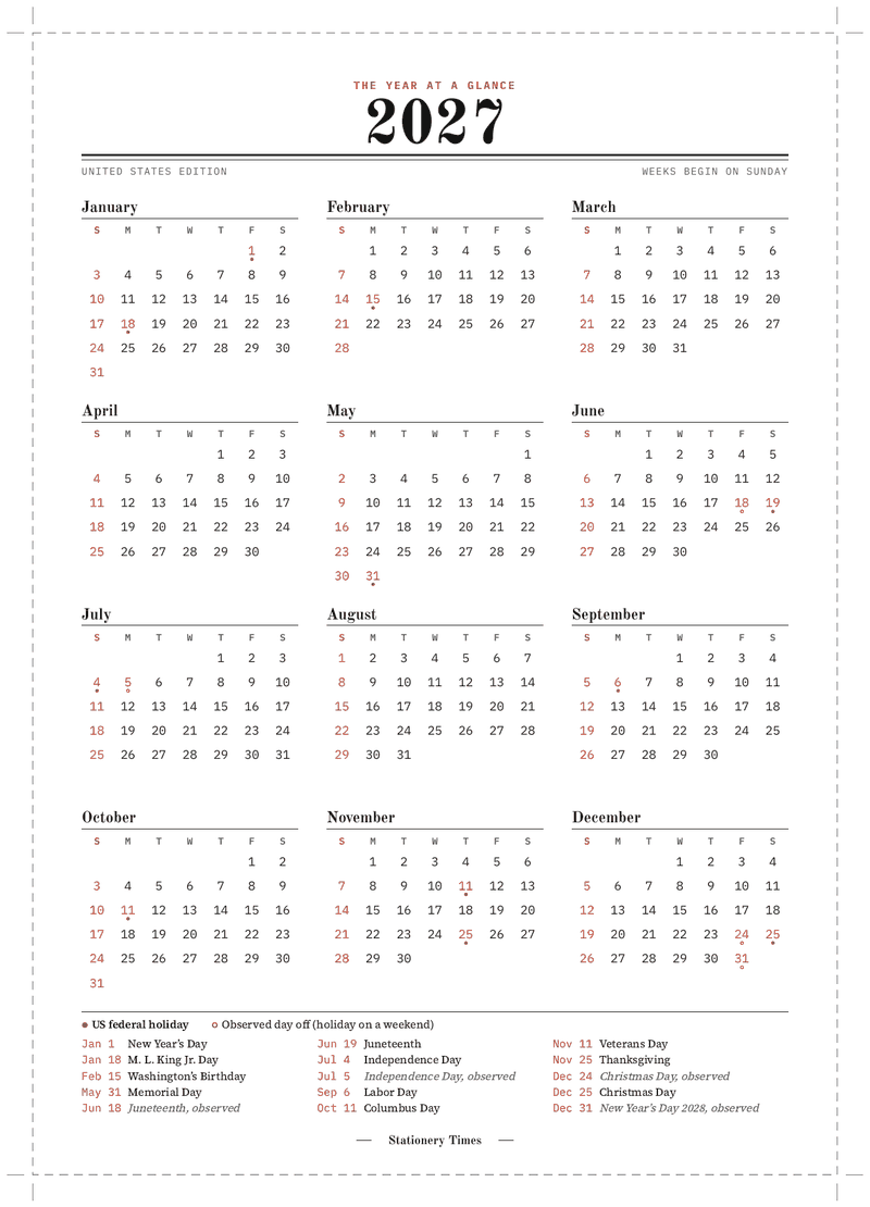 Page 1 of the 2027 printable calendar: all twelve months on one A5 piece, with US federal holidays marked in red and dashed cut lines