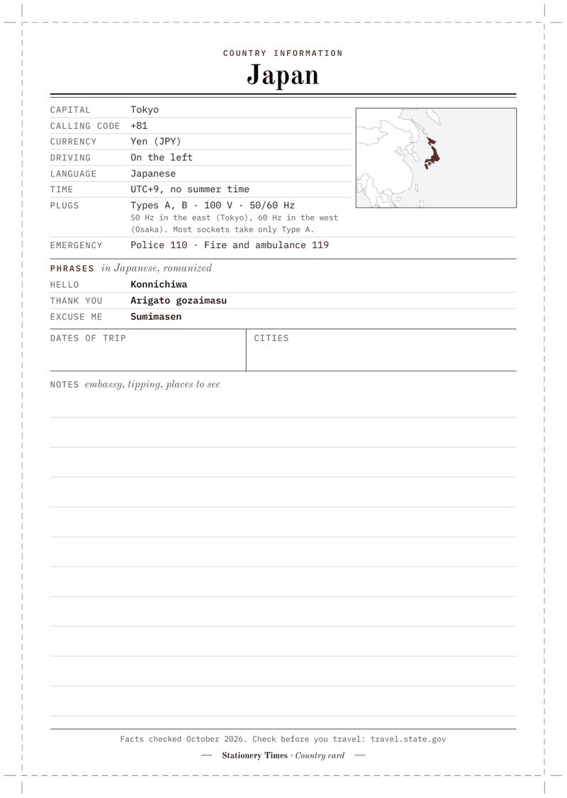 The A5 country card for Japan: “Country information” in red over “Japan” and a double rule, a small locator map with Japan in red, rows for capital, calling code, currency, driving side, language, time, plugs and emergency numbers, three phrases in plain letters, a strip for the dates and cities of the trip and ruled lines for notes, with dashed cut lines