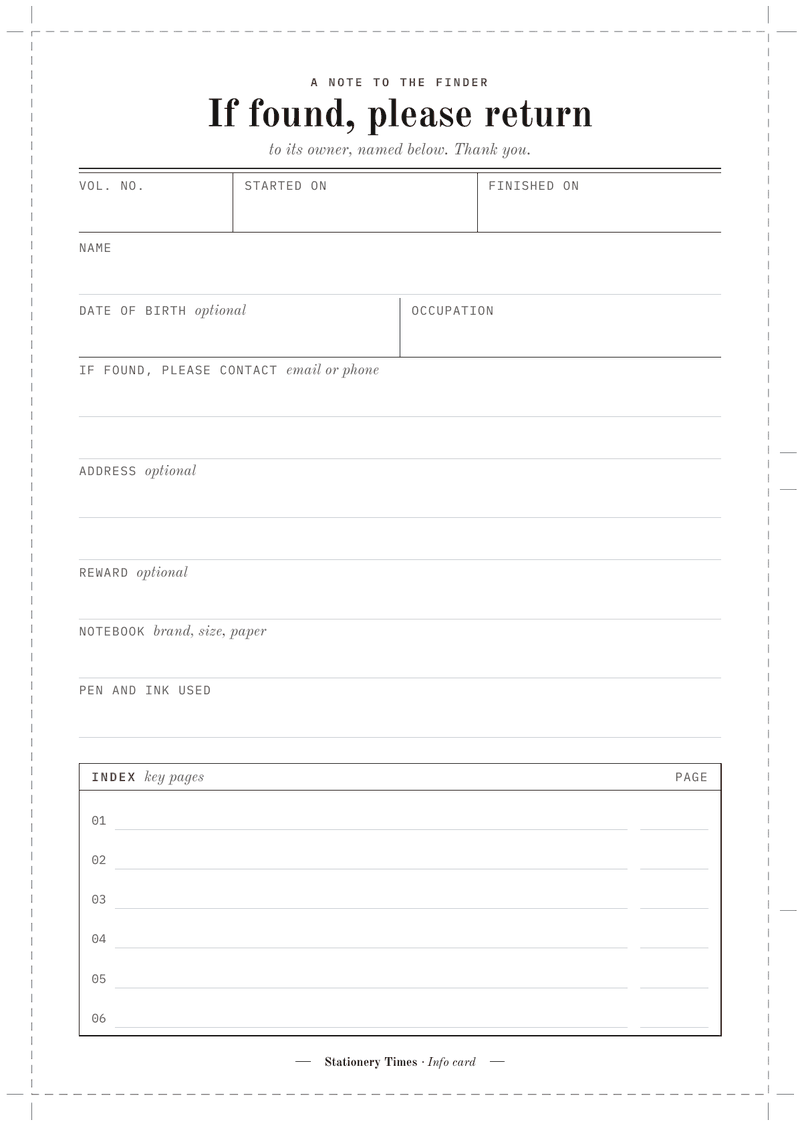 The A5 info card: “If found, please return” over a strip for volume number and start and finish dates, ruled lines for name, a shared row for date of birth and occupation, lines for contact, address, reward, notebook and pen and ink, and a numbered index of key pages, with dashed cut lines