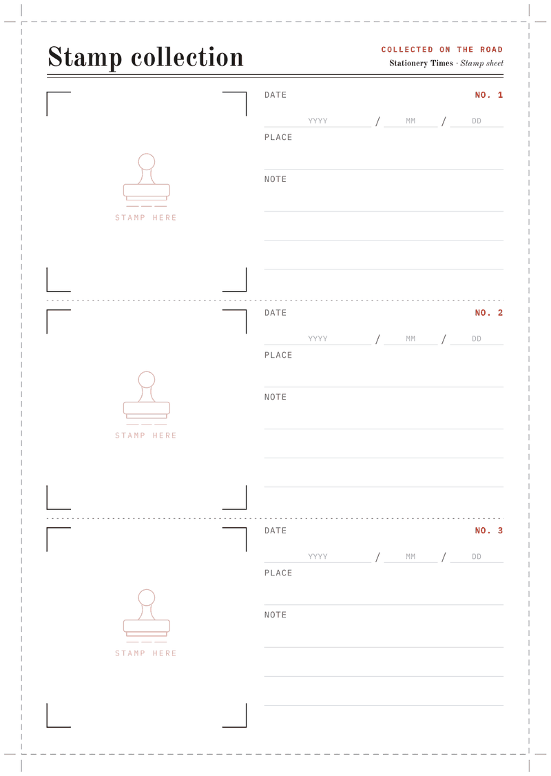 The A5 stamp collection sheet: “Stamp collection” with a small red “Collected on the road” over a double rule, then three rows numbered in red and split by dotted rules, each with a square stamp area marked by corner brackets around a pale red rubber stamp outline and “stamp here”, and lines for date (year, month, day), place and notes, with dashed cut lines