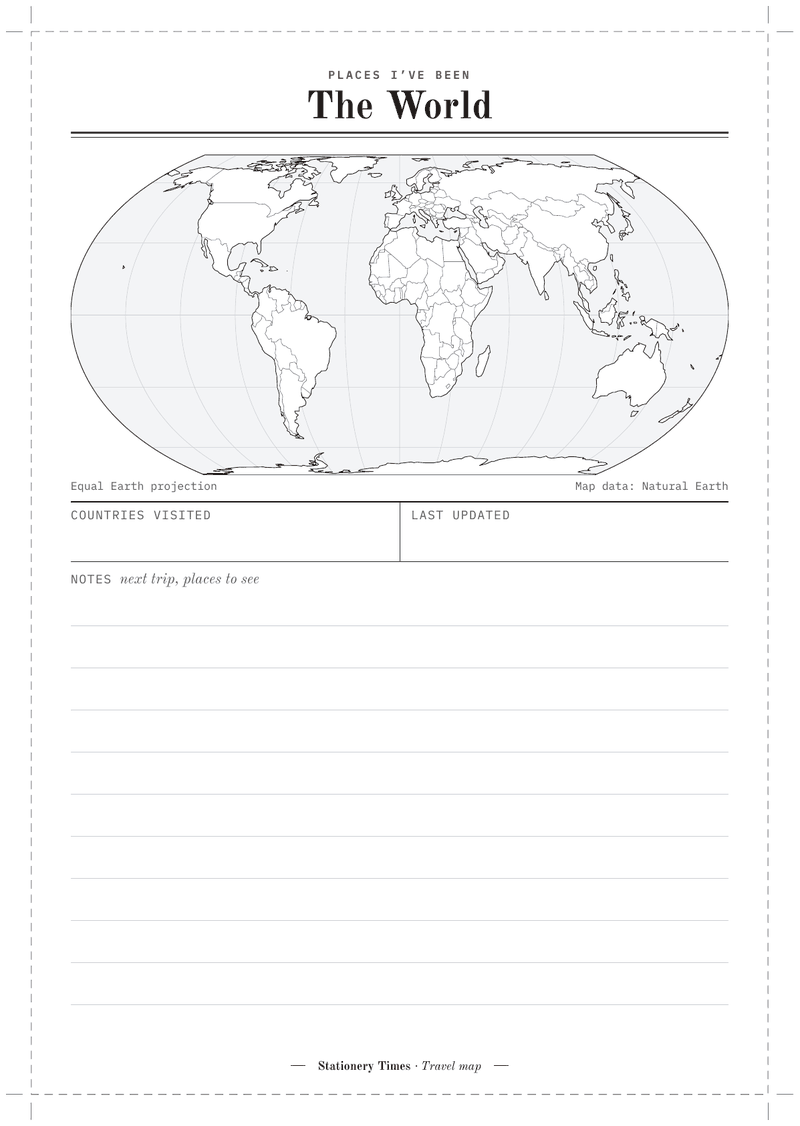 The A5 world map card: “Places I’ve been” in red over “The World” and a double rule, an outline map of the world’s countries in the Equal Earth projection, a strip for countries visited and the date last updated, and ruled lines for notes underneath, with dashed cut lines